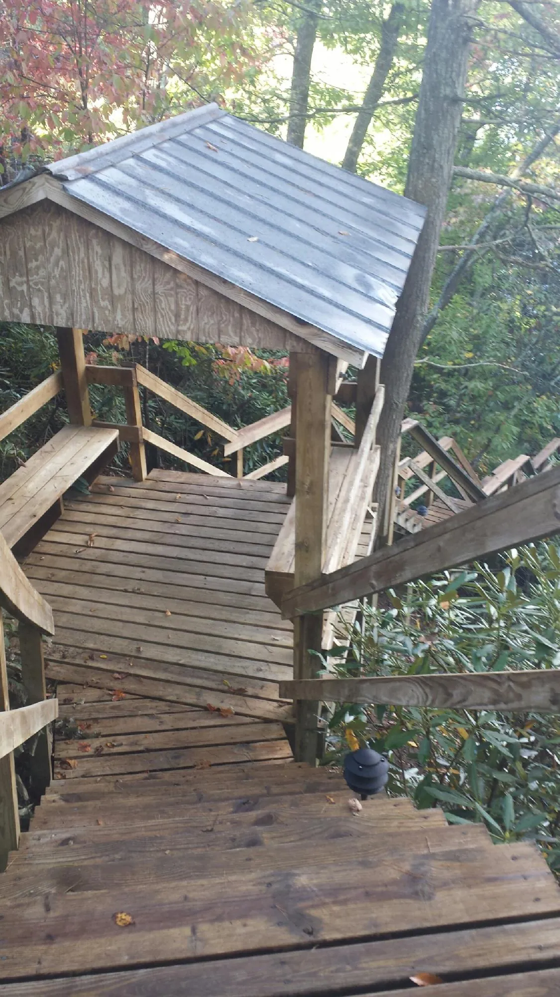 Metal roofed shelter over wooden steps on a wooded walkway — Skylight Repair & Installation work by our crew in Aubrey